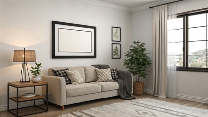 Fototapeta premium Cozy Living Room Mockup Beige Sofa, Black Frame, Farmhouse Decor, 3D Render, Interior Design, Room Visualization Farmhouse, Mockup