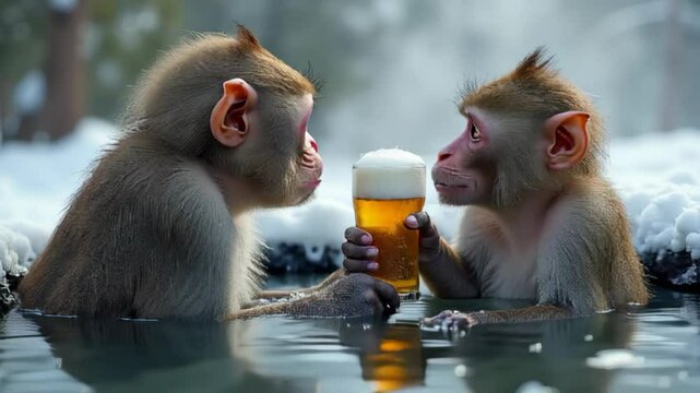 Two monkeys are in a pool of water, one holding a beer. The scene is playful and lighthearted, with the monkeys enjoying themselves in the water