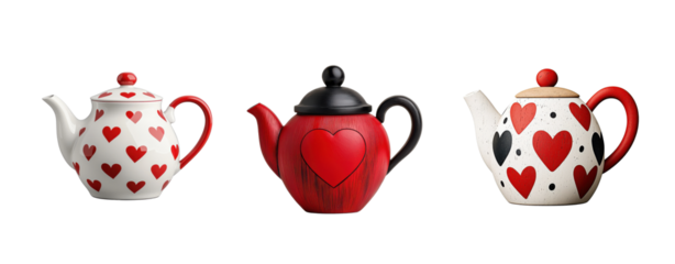 Three uniquely designed teapots featuring heart motifs in red and white colors, each with distinct shapes and decorations.