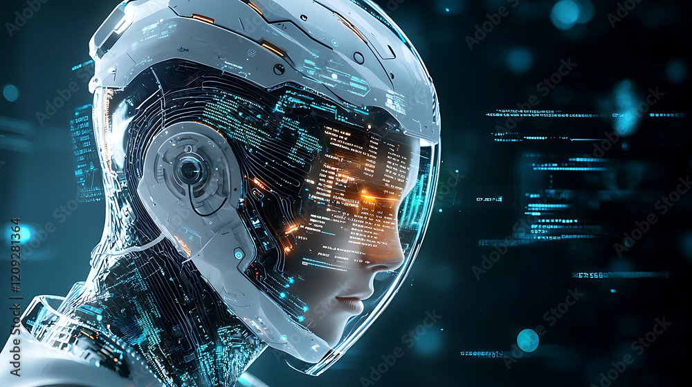 Poster futuristic robot development virtual laboratory digital art sci-fi environment close-up view ai conc