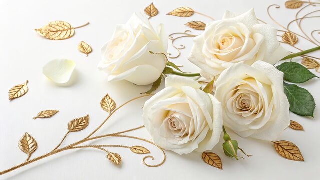 Elegant White Roses with Gold Leaf Accents Floral Still Life Photography, Roses, Gold, Flowers Roses, Still Life