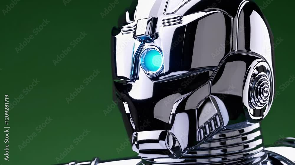 Poster exploring a futuristic robotic figure with sleek design and glowing features in a studio setting