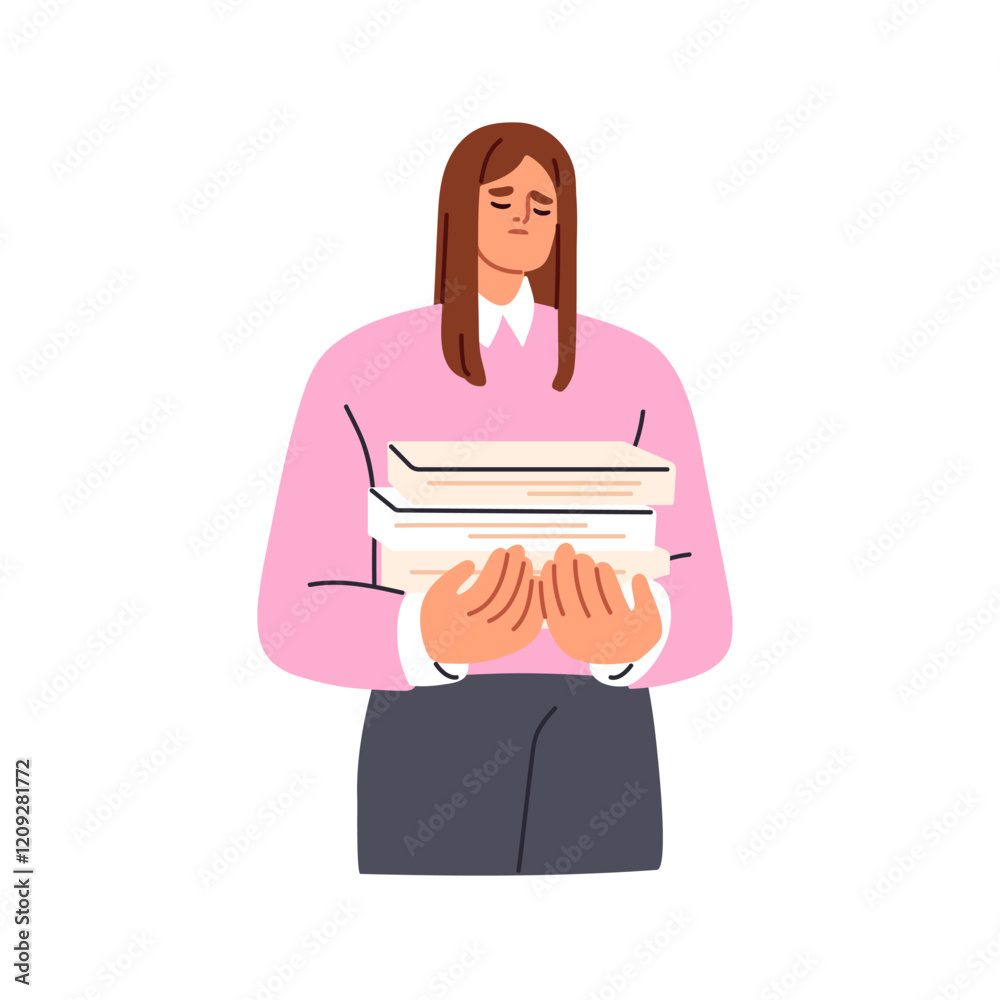 Poster tired employee holding documents stack in hands. frustrated office worker overloaded with business p