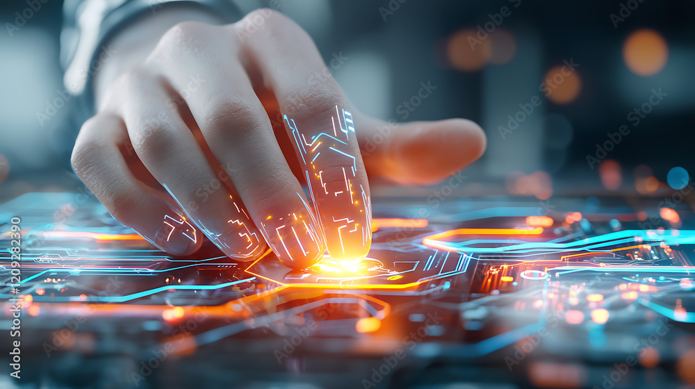 Poster innovative tech interaction futuristic setting digital interface cyber environment close-up view vir