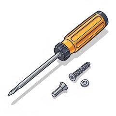 Isometric Yellow Screwdriver with Screws, Illustration, Assembly Concept,Tools, Hardware Screwdriver, Tools