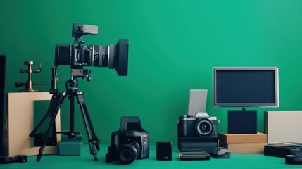 Photography Equipment Still Life Display on Green Background with Various Cameras and Monitor