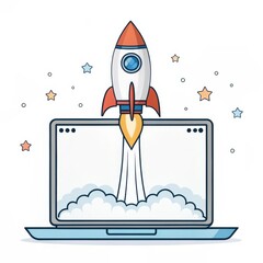 Laptop Rocket Launch Cartoon Illustration, Startup Concept, Digital Vector Art, Flat Design Startup, Rocket Launch