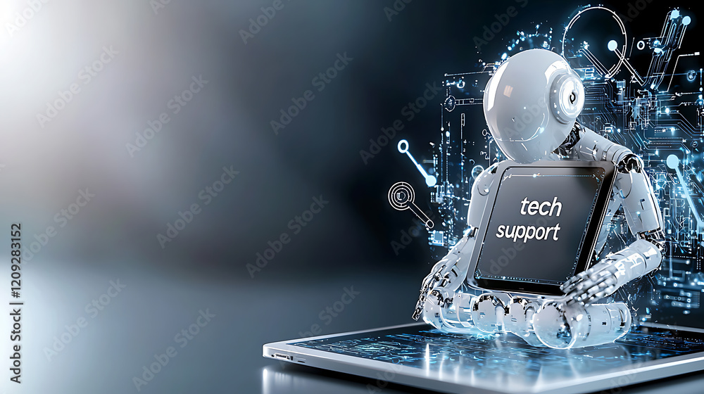 Poster robot tech support assisting users virtual space digital illustration futuristic environment close-u