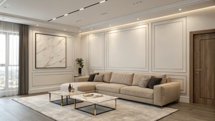 Modern Living Room Interior Design Beige Sectional Sofa, Marble Artwork, and Recessed Lighting, Interior Design, Home Decor