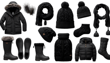 minimalist black winter clothing set on transparent backdrop