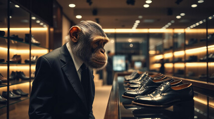 Monkey wearing a suit choosing classic black leather shoes in a footwear store