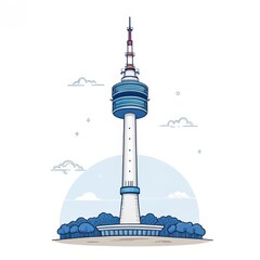 Obraz premium N Seoul Tower Illustration Line Art, Blue Theme, Korean Landmark, Tower, Seoul