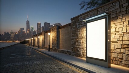 Obraz premium Night Cityscape Billboard Stone Wall, Blank Sign, Urban Composition, Evening, Mockup Billboard, Mockup, Advertising