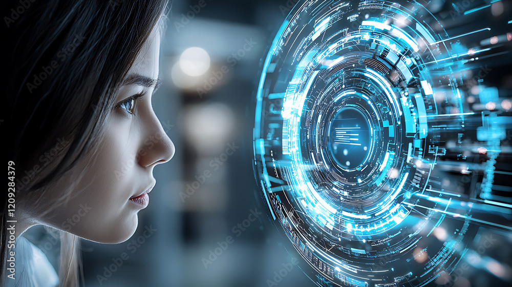 Poster futuristic technology exploration digital interface urban setting visual data interaction close-up v
