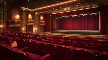 Elegant theater hall with plush red seating, stage curtains, and acoustically enhanced design. Ideal for performances and presentations.