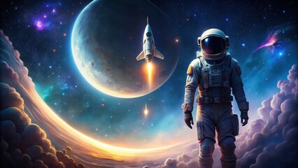 Naklejka premium A lone astronaut, silhouetted against a cosmic panorama, stands on a cloud-like expanse, gazing towards a distant planet and a rocket soaring through the nebulae.