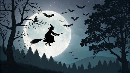 Fototapeta premium Silhouette Witch Flying on Broom, Full Moon, Forest Night, Halloween, Digital Art, Bats Halloween, Witchcraft
