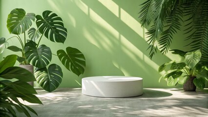 Tropical Green Room with Concrete Cylinder, Sunlight Shadows, Monstera Leaves, Product Display Product Photography, Plant Background