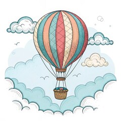 Vintage Hot Air Balloon Illustration Hand-drawn Cloudscape Design, Pastel Color Palette, Adventure Concept Hot air balloon, illustration