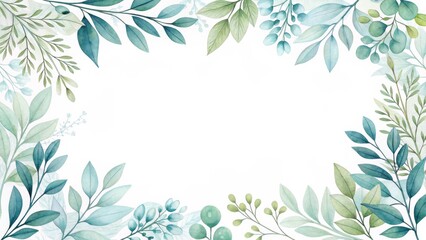 Watercolor Greenery Frame Teal and Green Botanical Border, Illustration, Nature, Botanical, Frame Floral Frame, Watercolor Painting