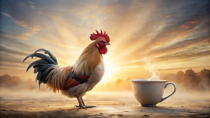 A majestic rooster stands proudly at sunrise, beside a steaming cup of morning brew, a tranquil scene symbolizing the peaceful start of a new day