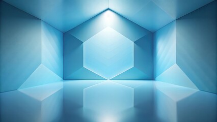 Serene Blue Geometric Room with Reflective Floor and Central Hexagon