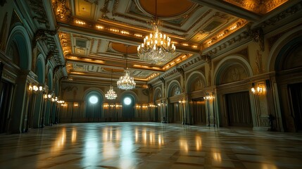 Obraz premium Luxurious banquet hall with ornate ceilings, polished marble flooring, and glowing chandeliers. Perfect for formal dinners and receptions.