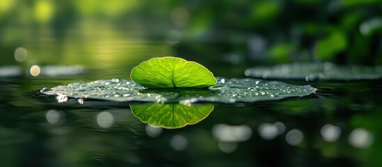 Single green leaf floats on calm water, reflecting sunlight.