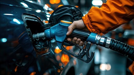 Refueling vehicle action in urban gas station fueling process nighttime environment close-up view for automotive insights