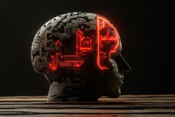 Cybernetic head with glowing circuits, showcasing a fusion of technology and human form.  A futuristic concept.