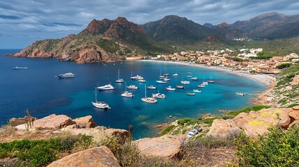 Naklejka premium Coastal Village Harbor Boats Mountains Turquoise Water