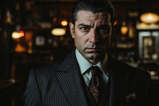 Intense mafioso in suit stares with suspicion