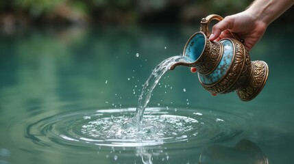 Elegant water pouring from an ornate pot into a tranquil turquoise lake surrounded by lush greenery
