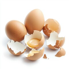 Fresh Brown Eggs with Broken Shells and Raw Yolk on White Surface
