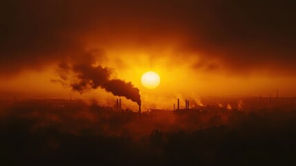 Factory Emitting Dark Smoke Into Atmosphere at Sunset Horizon View
