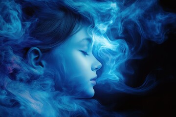 Serene female face enveloped in ethereal blue smoke, a captivating portrait of calmness and mystery.