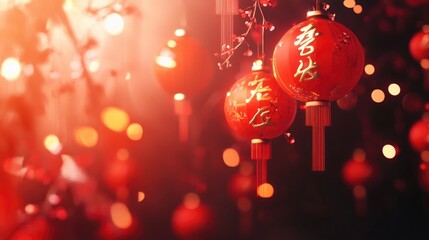 Chinese New Year background with red lanterns and Chinese characters, festive atmosphere, blurred, copy space.