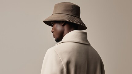 Exuding a sense of style, a man stands in a minimalist backdrop, showcasing his off-white coat paired with a chic brown bucket hat, emphasizing modern fashion trends