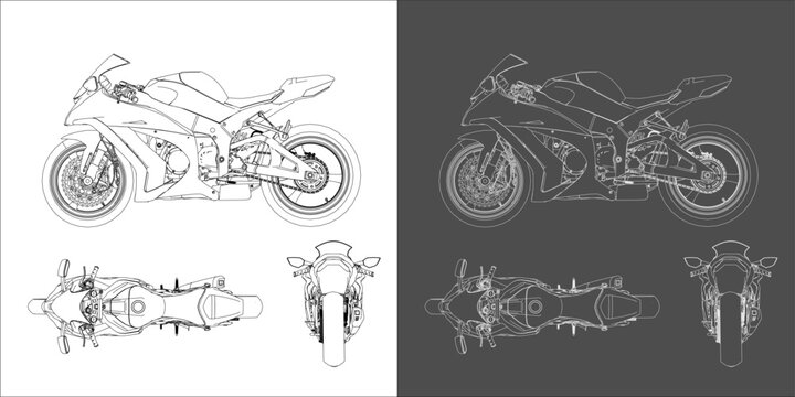 vector illustration race moto motorcycle sportbike gp side view . technical drawing  of blueprints isolated on transparent background