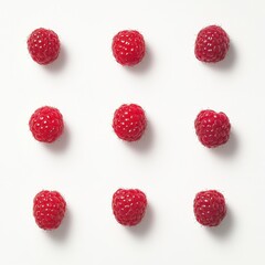 Nine Red Raspberries Arranged on White Background for Fresh Display