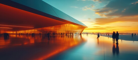 Sunset view of modern architecture with people.