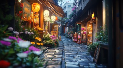 A charming alleyway adorned with vibrant flowers and inviting shops.
