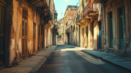 Fototapeta premium A charming, empty street lined with vintage buildings and colorful balconies under the sun.