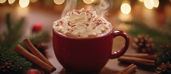 Steaming hot chocolate with whipped cream and cinnamon sticks, in a red mug, against a warm, festive background.