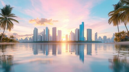 Obraz premium Tropical city skyline at sunset with water reflection.