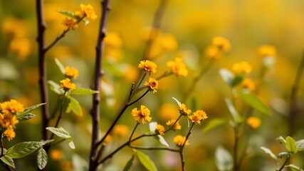 Fototapeta premium Vibrant yellow flowers in a sunny meadow, blooming in a lush green field, capturing the beauty of nature's springtime.