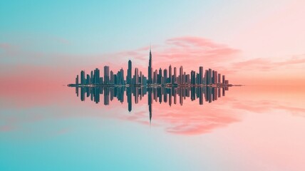 Modern skyline reflection at dawn with pastel colors in the background.