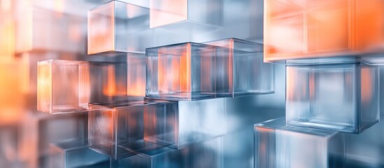 Abstract 3D rendering of translucent cubes in orange and blue hues.
