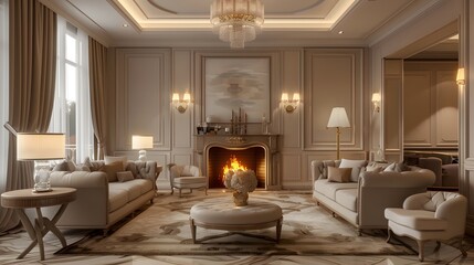 Elegant Living Room with Fireplace and Large Windows