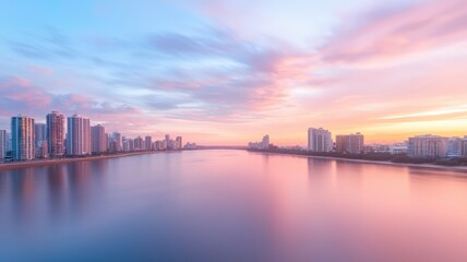 Serene city skyline at sunset reflected in calm water.